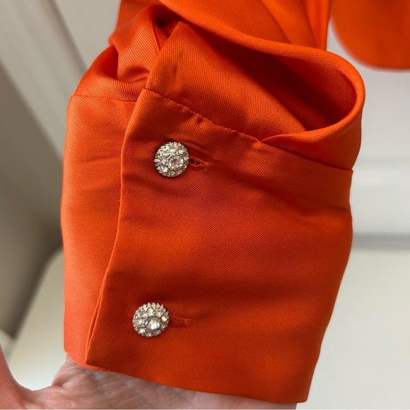 Zara Women's Orange Puff Sleeve Blouse Diamanté Button Satin Top Size Small NWT - Picture 11 of 16